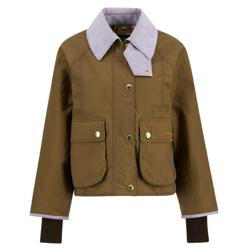 Veste en coton huilé barbour cropped beadnell sand beige et lila violet mauve