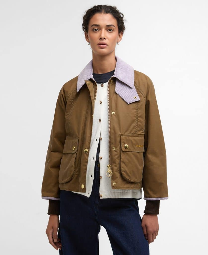 Veste en coton huilé barbour cropped beadnell sand beige et lila violet mauve